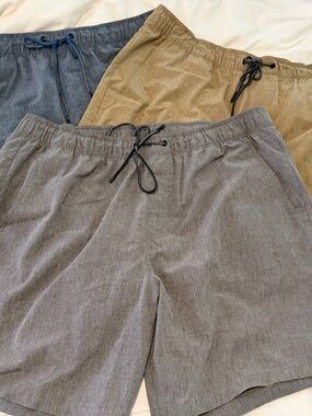 Eddie Bauer Three-Pack Casual Drawstring Shorts in Brown, Tan, and Blue